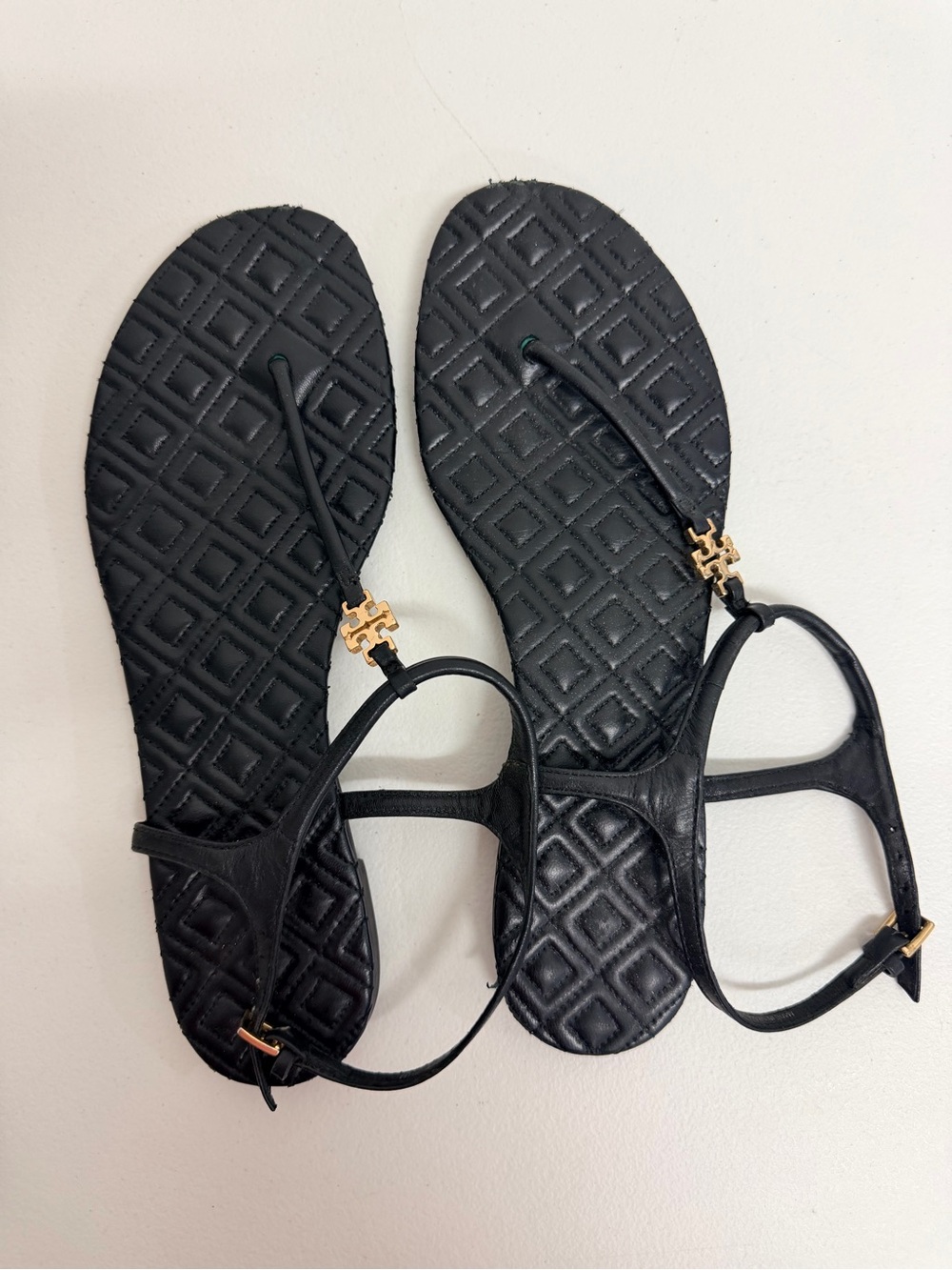 Tory Burch Marion Black Quilted Leather T-Strap Sandals with Gold Logo